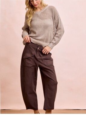 BiBi Brown Barrel Cargo Pants with Flap Pockets - Washed Terry Fabric- sz Large